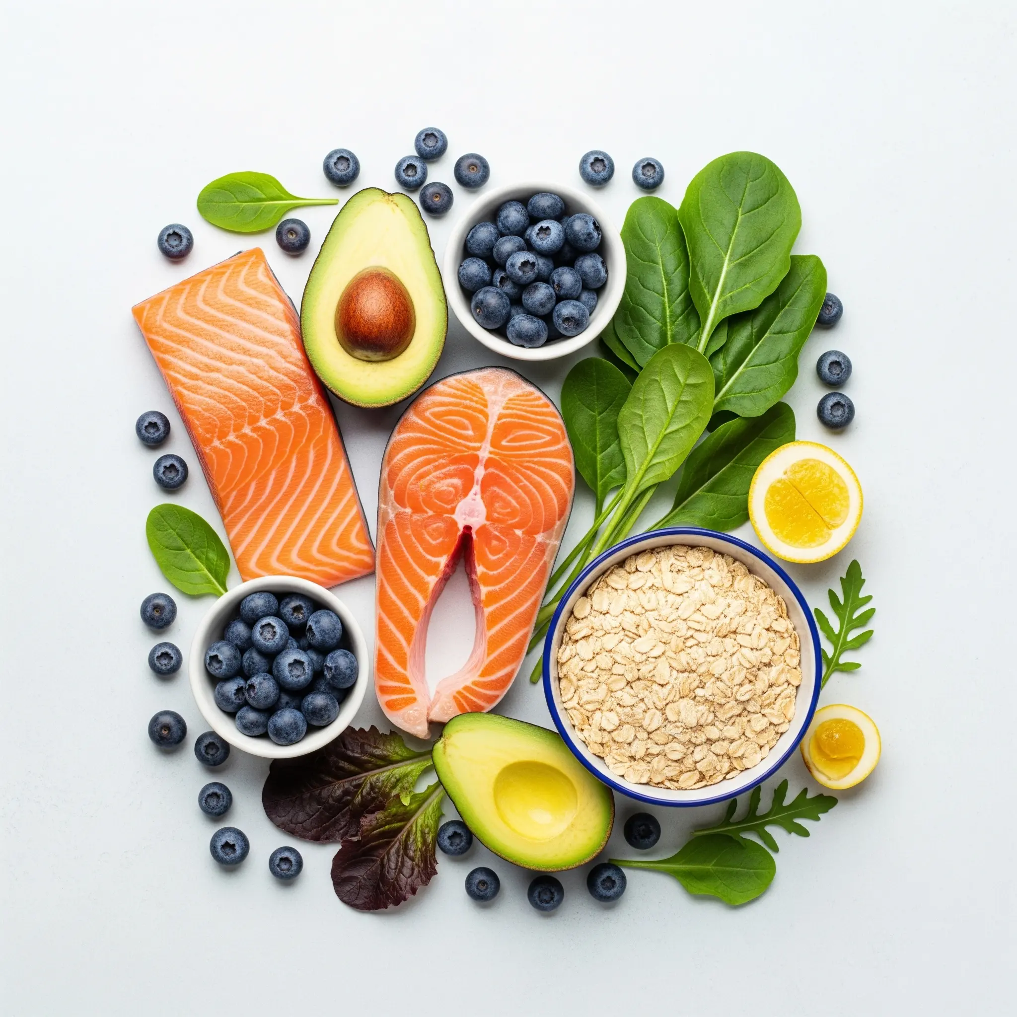 Healthy food ingredients including salmon, avocado, berries, and leafy greens